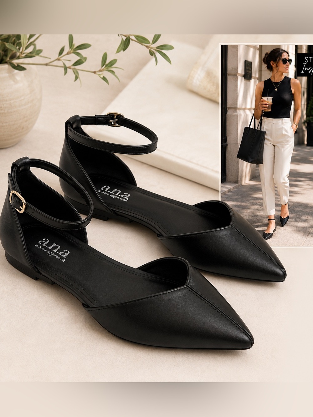 NWT a.n.a Black Pointed Toe D’Orsay Ankle Strap Flats Size 6.5
